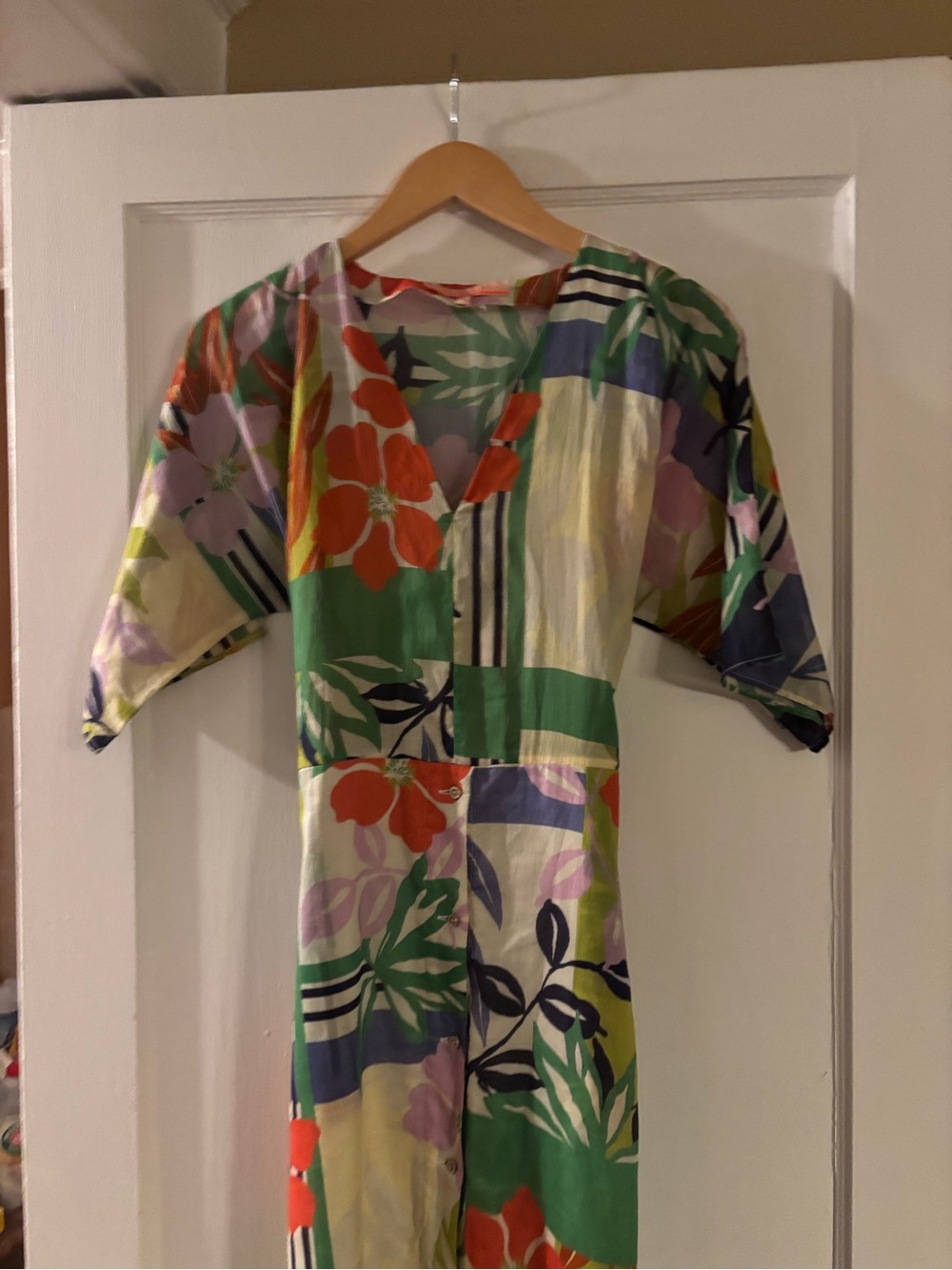 Vilagallo Multicolor Floral Patchwork V-Neck Midi Dress